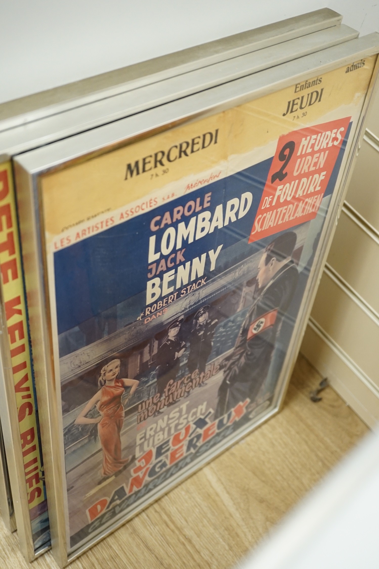 Six framed Belgian Robert Mitchum movie lobby posters, tallest 34cms wide x 52cms high